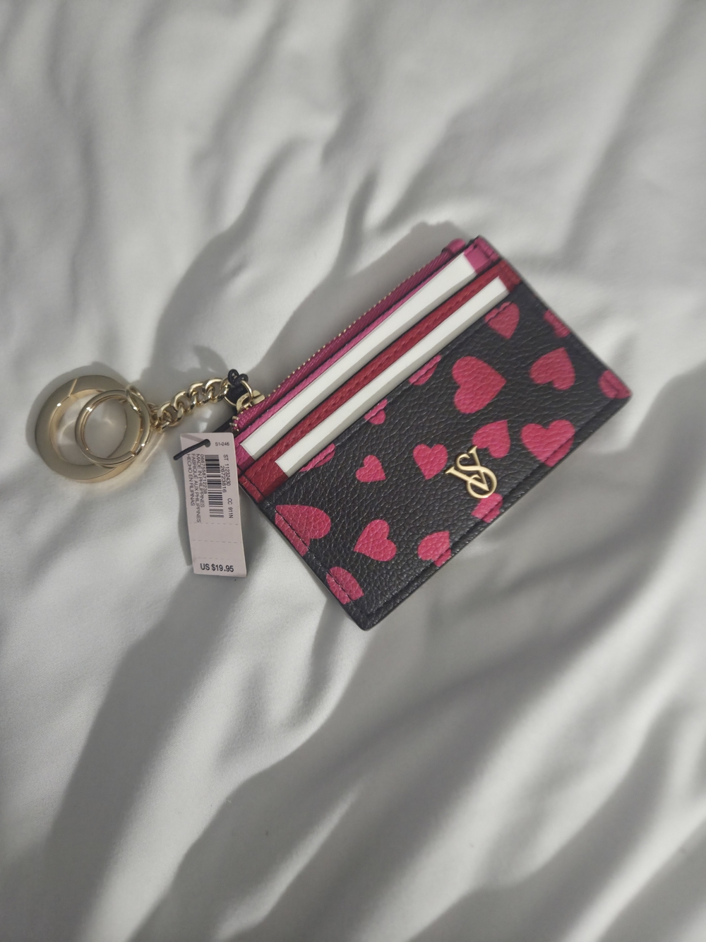 Victoria's Secret Black Card Holder Keychain with Pink Heart Print